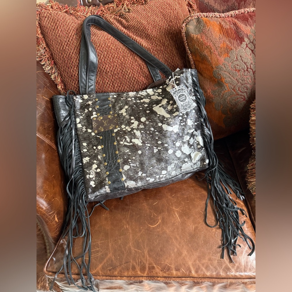 Keep It Gypsy Acid Wash Black Cowhide Genuine Design Patch Leather Fringe Tote
